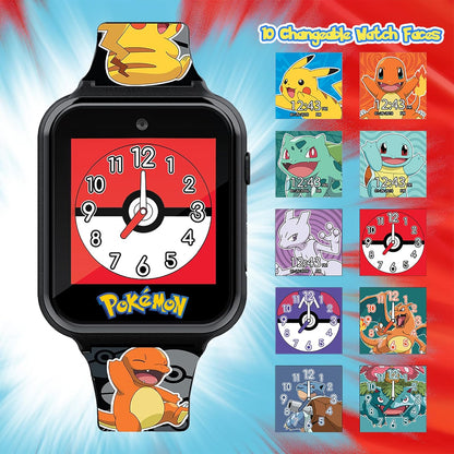 Pokémon-themed smartwatch with interchangeable face options on a colorful background