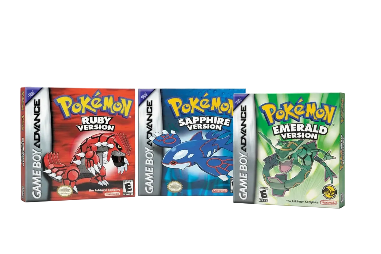 Three Game Boy Advance Pokémon games: Ruby, Sapphire, and Emerald.