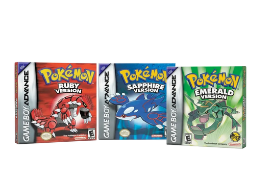 Three Game Boy Advance Pokémon games: Ruby, Sapphire, and Emerald.