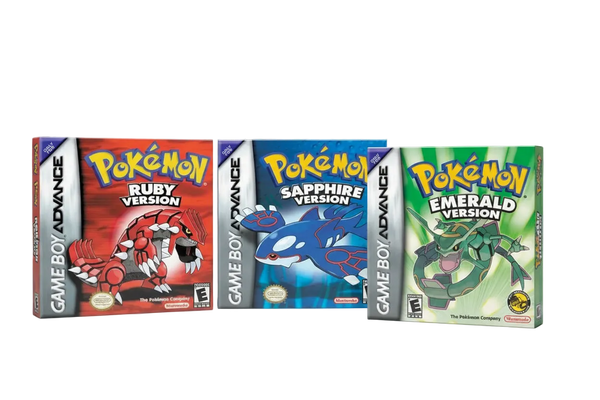 Three Game Boy Advance Pokémon games: Ruby, Sapphire, and Emerald.