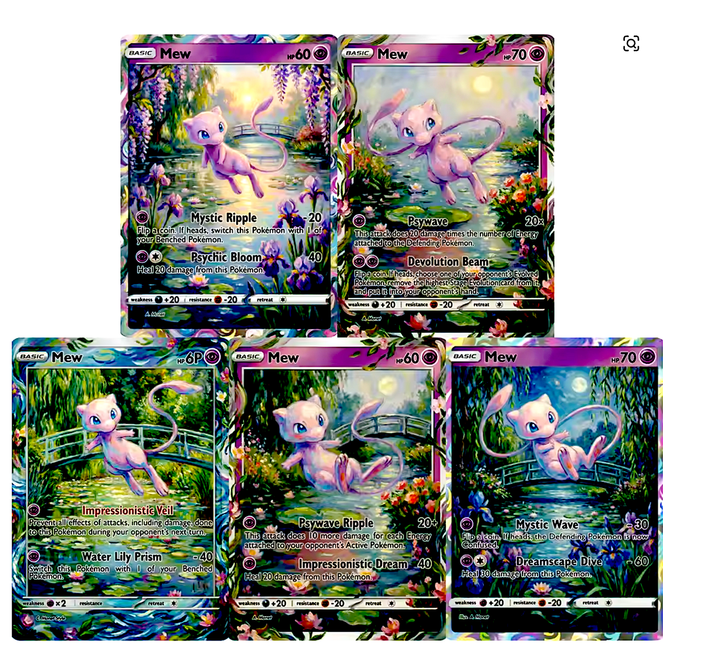 Mew Pokémon Full Art Card Collection - Mystical Garden Design 5 Cards
