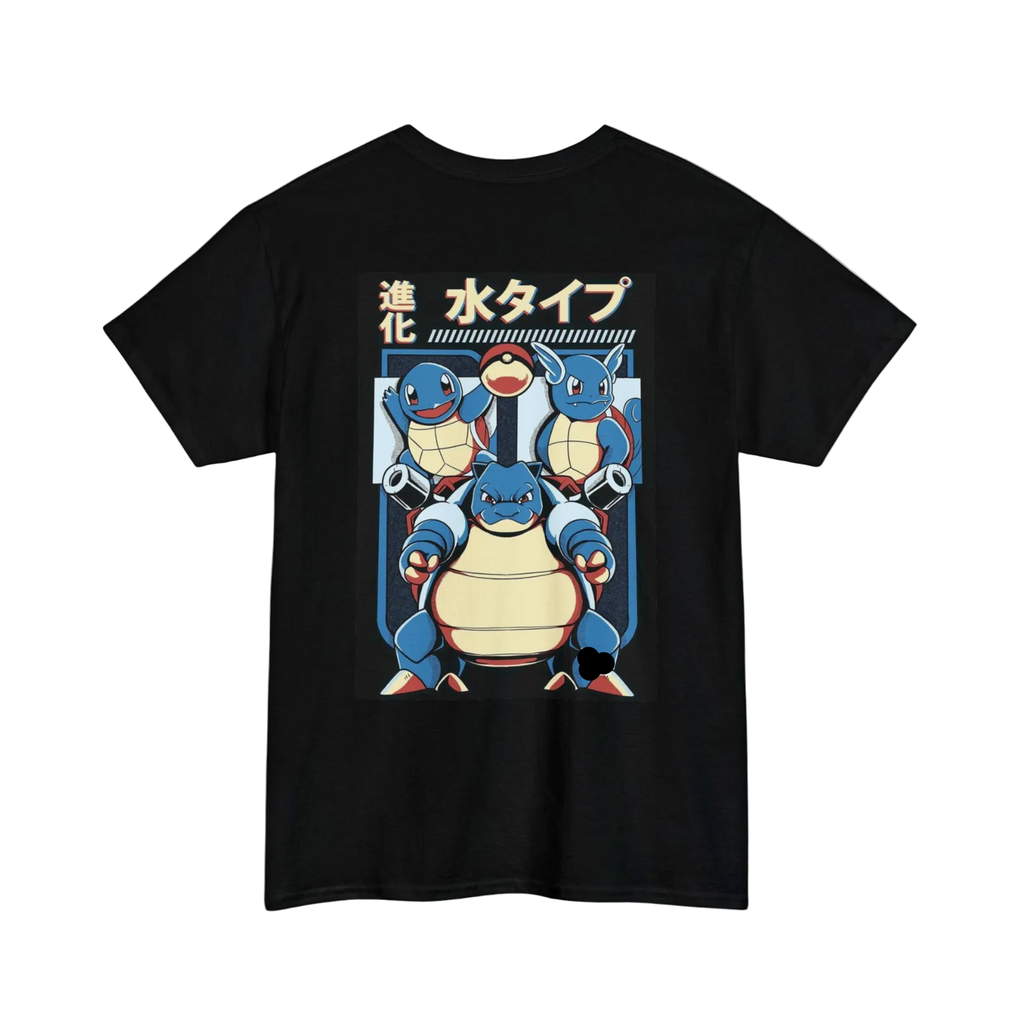 Black t-shirt with cartoon characters and Japanese text on a white background