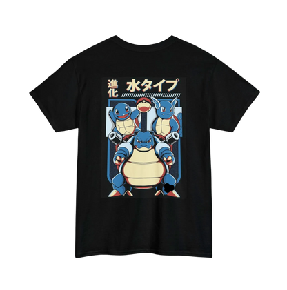 Black t-shirt with cartoon characters and Japanese text on a white background