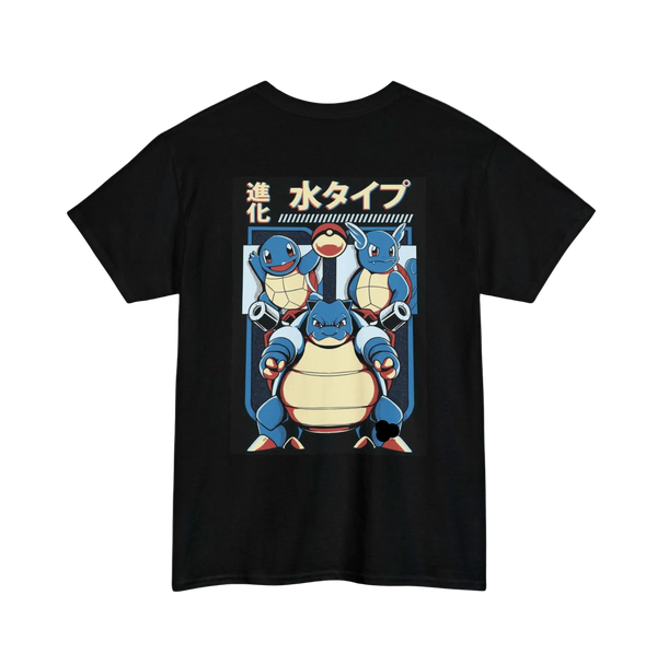 Black t-shirt with cartoon characters and Japanese text on a white background