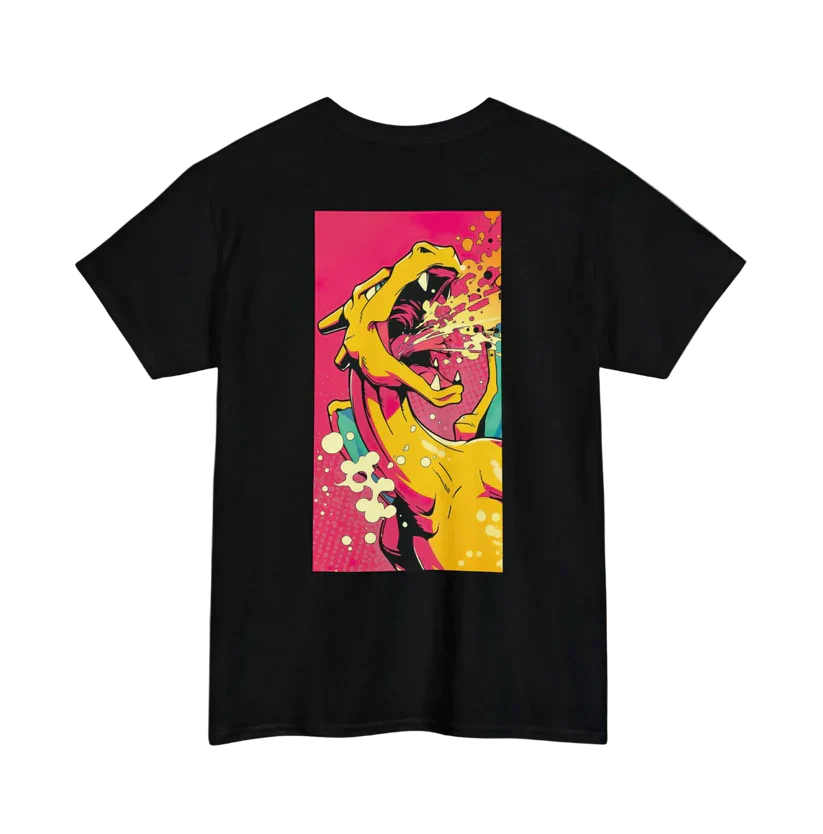 Black t-shirt with a colorful graphic of a dinosaur on a pink background