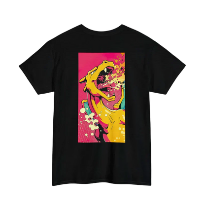 Black t-shirt with a colorful graphic of a dinosaur on a pink background