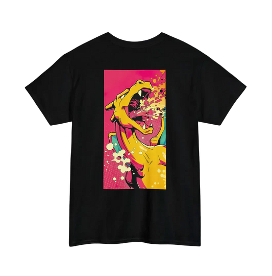 Black t-shirt with a colorful graphic of a dinosaur on a pink background