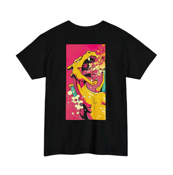 Black t-shirt with a colorful graphic of a dinosaur on a pink background