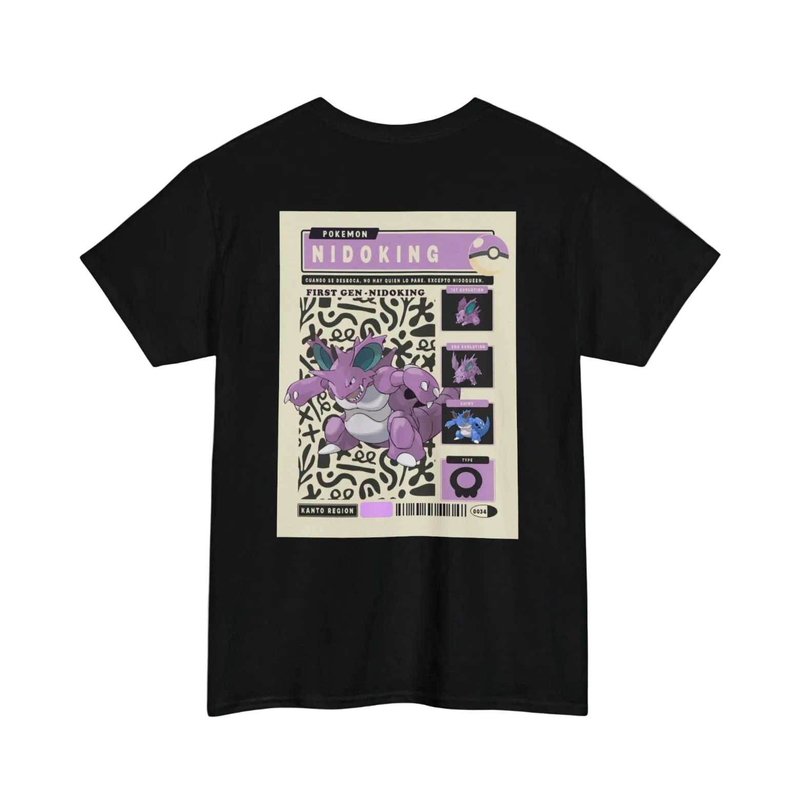 Black t-shirt with a graphic design on the back featuring a purple creature and text.