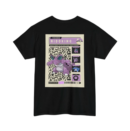 Black t-shirt with a graphic design on the back featuring a purple creature and text.