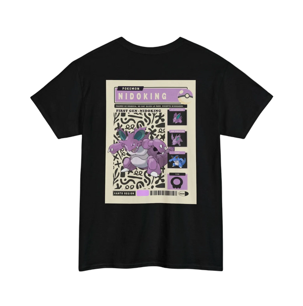 Black t-shirt with a graphic design on the back featuring a purple creature and text.