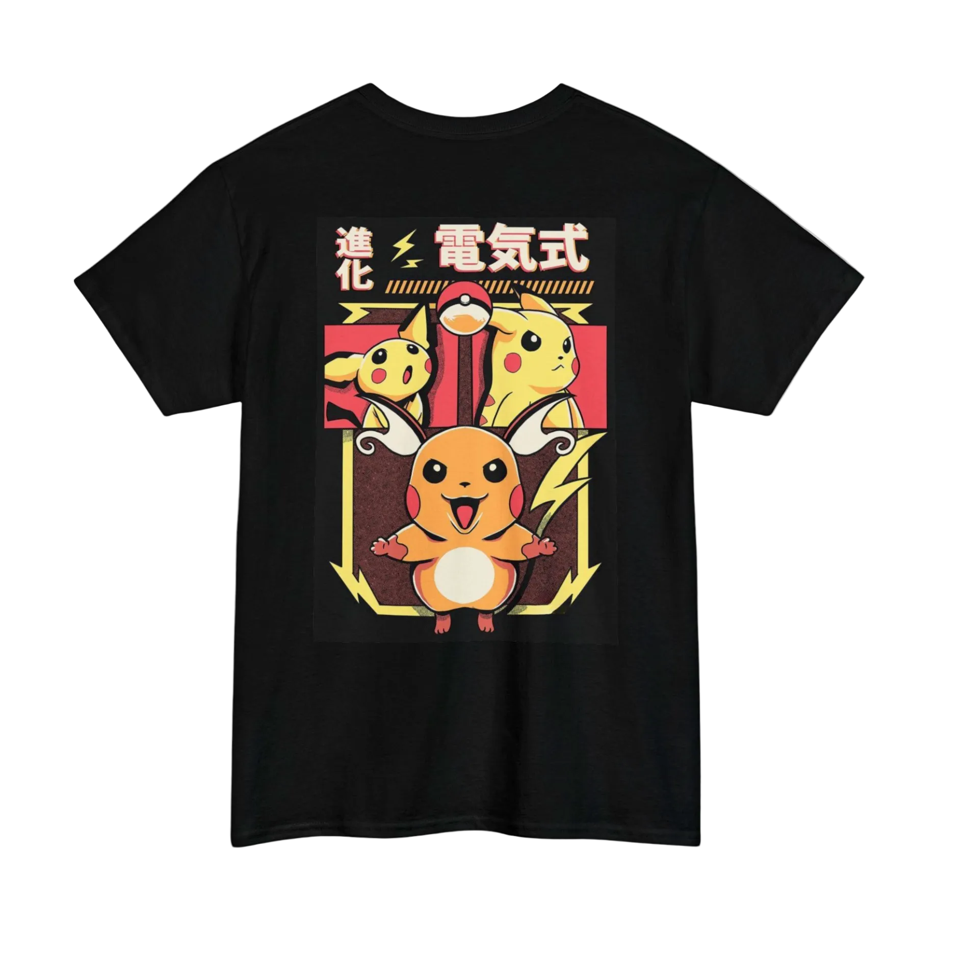 Black t-shirt with cartoon characters and Japanese text on a white background