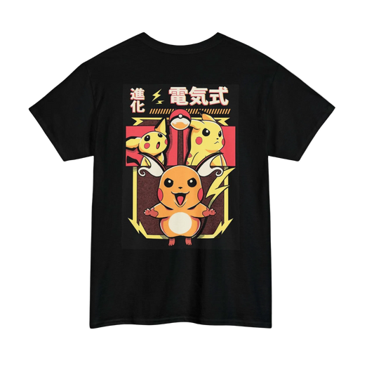 Black t-shirt with cartoon characters and Japanese text on a white background