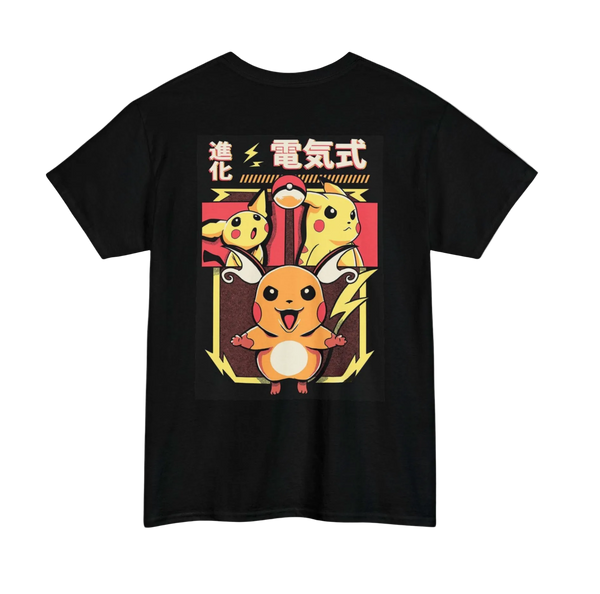 Black t-shirt with cartoon characters and Japanese text on a white background