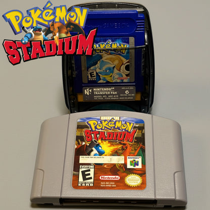 Pokémon Stadium game cartridge on a blue background