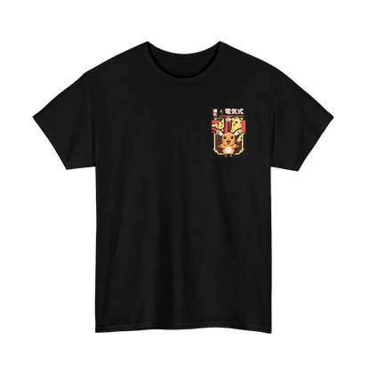 Black t-shirt with a small graphic on the chest against a white background
